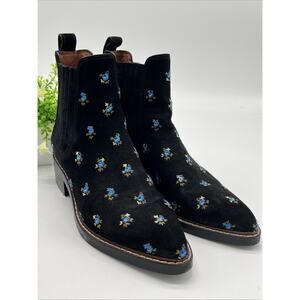 Coach Bowery Black Suede Floral Embroidery Chelsea Ankle Boots Booties 2” Sz 6